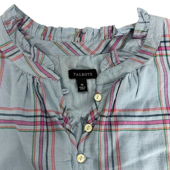 Talbots Band Collar Popover Size Medium Slender Stripe Plaid Ruffle Collar - Picture 6 of 9